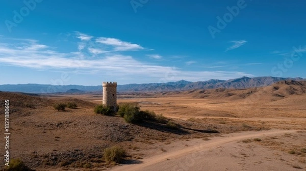 Obraz Abandoned Tower in Open Desert Landscape Under Clear Blue Sky