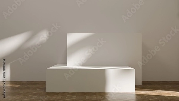 Fototapeta Studio room with white cube table stage podium and soft summer light with leaves shadows. Luxury cozy room with white wall and wooden parquet floor. Place for product design. Product template mock up
