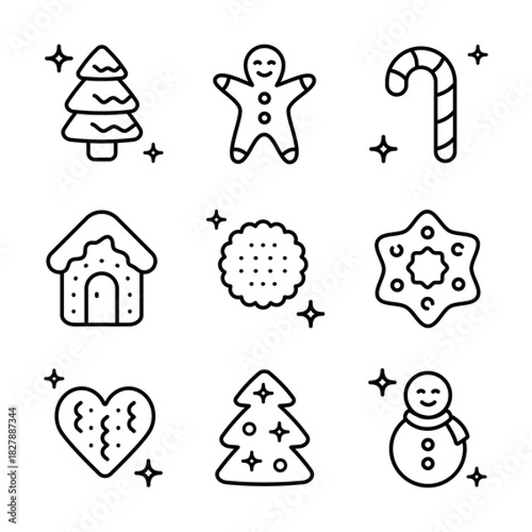 Obraz Christmas cookies outline icons set. Different gingerbread cookies symbols. Christmas signs depicting various festive elements, bringing holiday cheer and wintertime spirit.
