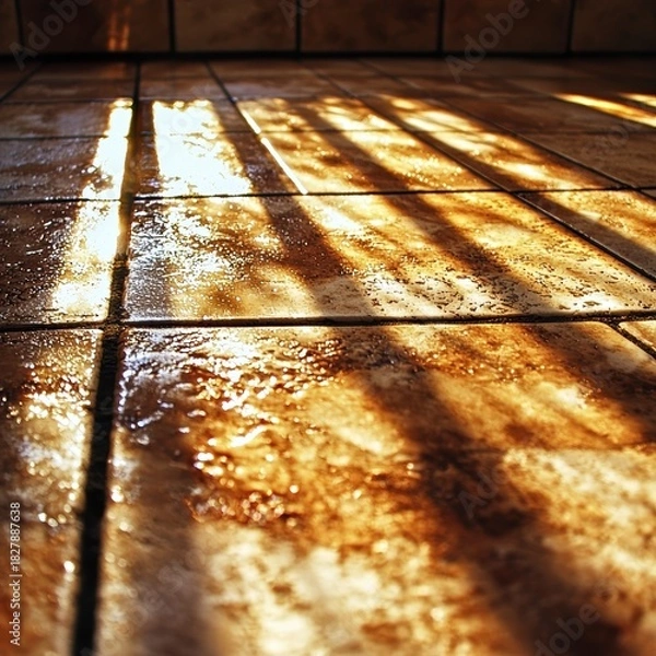 Fototapeta Morning light patterns on wet floor tiles indoor space photography warm environment close-up view aesthetic appeal