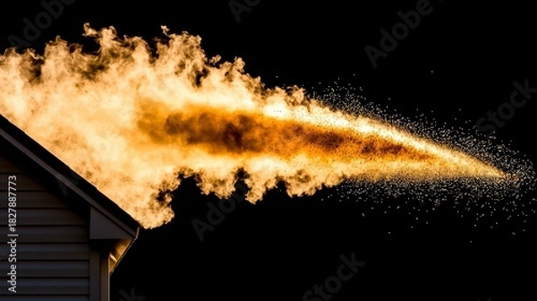 Fototapeta Flame eruption action near building outdoor environment fire photography at dusk