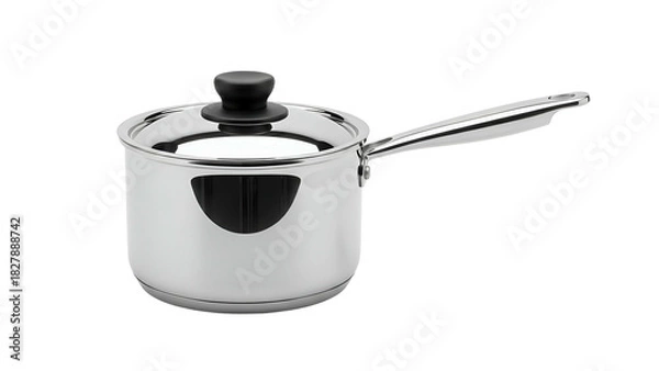 Fototapeta Shiny stainless steel saucepan with a lid and handle, isolated on black background