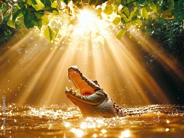 Obraz Crocodile rising from water jungle river wildlife photography sunlit environment close-up view nature's majesty