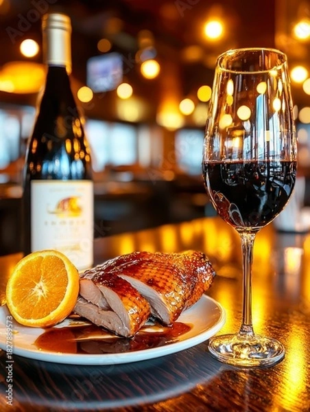 Fototapeta Gourmet duck dish with red wine upscale restaurant food photography cozy atmosphere close-up shot culinary delight