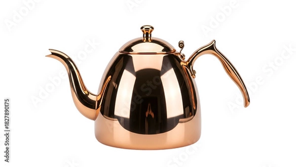 Obraz Gleaming, copper-colored teapot, curved spout, arched handle, isolated against black