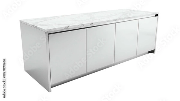 Obraz Modern, minimalist kitchen island with white cabinet doors & marble-look countertop