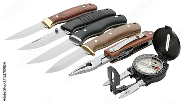 Obraz Multiple knives & compass on black. Knives with wood, black, & tan handles, & multi-tool