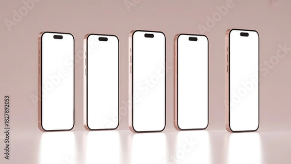 Fototapeta Five modern smartphones with blank white screens on a neutral background