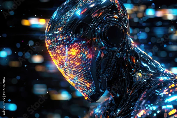 Obraz A futuristic metallic humanoid figure with a face made of glowing digital circuits and colorful lights, embodying advanced AI or cyberspace.