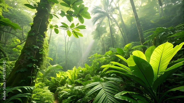 Fototapeta Lush jungle vegetation scene with sun rays shining through trees tropical forest environment with vibrant green plants and natural light creating serene atmosphere
