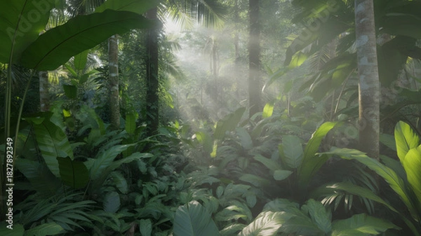Fototapeta Sunlight shining through lush tropical plants in forest serene natural environment with dense vegetation creating peaceful atmosphere vibrant green scenery
