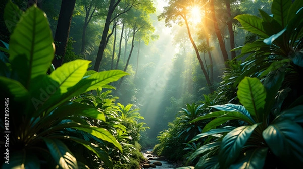 Fototapeta Vibrant green forest scenery with sunlight streaming through trees creating natural and serene environment for exploration and tranquility in lush landscape with plant life