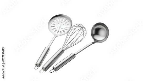 Obraz Kitchen utensils slotted spoon, whisk, and ladle arranged on a black background