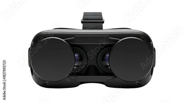 Fototapeta Black VR headset, front view, suspended by a strap, lenses visible in darkness