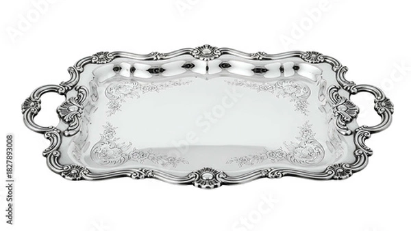 Obraz Ornate rectangular silver serving tray with handles, detailed scrolling filigree design