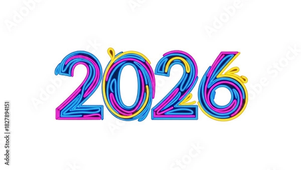 Obraz Neon-style year "2026" with colorful outlines against a black background