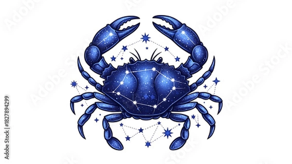 Obraz An illustrated blue crab with celestial constellations on its body, set against black