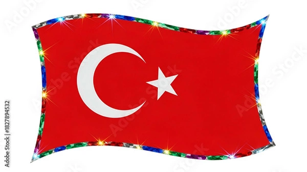 Obraz Vibrant Turkish flag with crescent, star, and jeweled border, waving against black