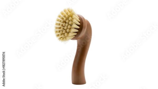 Obraz Angled, brown-handled cleaning brush with light-colored bristles, isolated on black background
