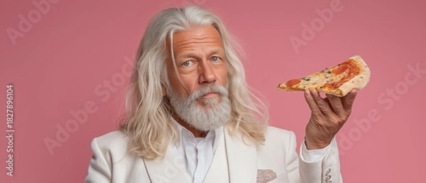 Fototapeta An unconventional man in a white suit with long white hair, a joyful face, and a slice of pizza