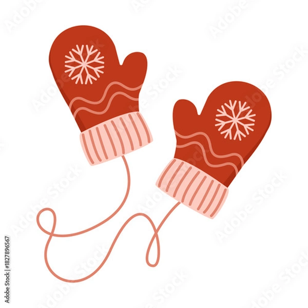 Fototapeta Red Gloves. Knitted Winter mittens with snowflakes. Mittens connecting. Christmas decoration element. Hand drawn vector illustration isolated