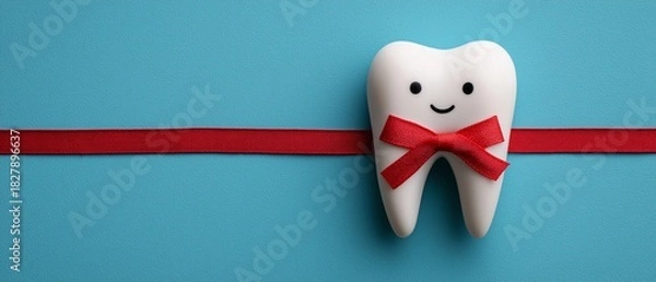 Obraz Turquoise tooth model in white with red ribbon.  Gift idea for dental care.