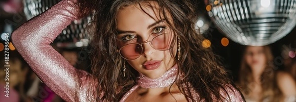 Fototapeta At a dance party, a young woman poses in a sparkling pink jumpsuit.