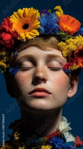 Fototapeta Vibrant colors and a distinctive artistic concept are displayed by a young woman with flowers on her face, who radiates beauty and tranquility against a blue backdrop.