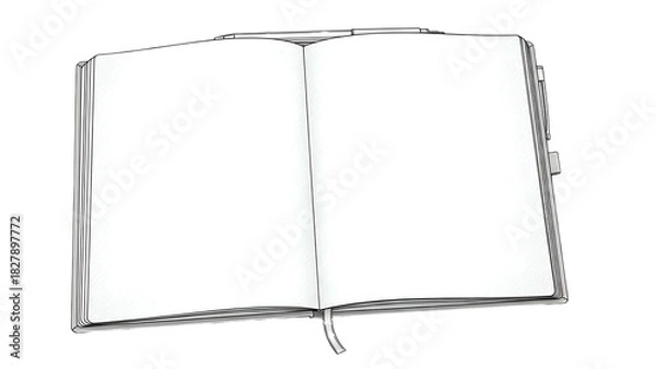 Obraz Open blank book with a ribbon bookmark; black and white illustration on a transparent background