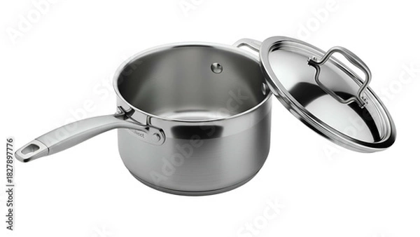 Obraz Shiny stainless steel saucepan with handle and lid, presented against a black backdrop