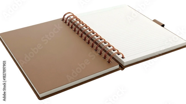 Obraz An open spiral-bound notebook, brown cover with white lined pages, laying flat