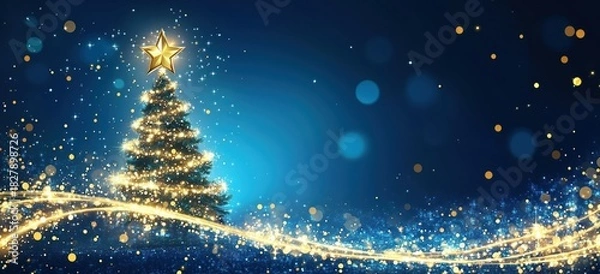 Fototapeta Sparkling Christmas Tree with Golden Lights and Star on a Blue Night Sky Background