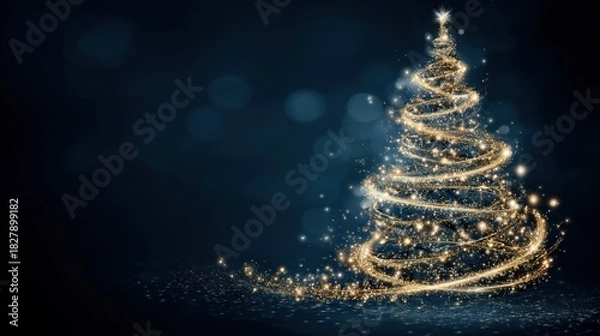 Fototapeta Golden Sparkling Christmas Tree on Dark Blue Background for Holiday Decor and Greeting Cards