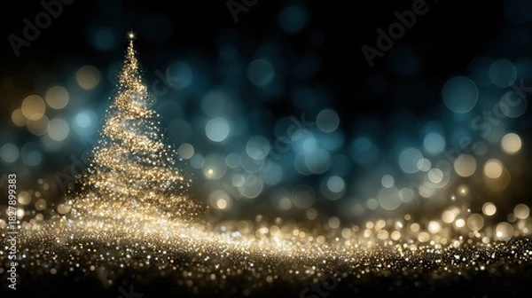 Fototapeta Golden Christmas Tree with Sparkling Lights and Bokeh Background for Holiday Decor and Greeting Cards