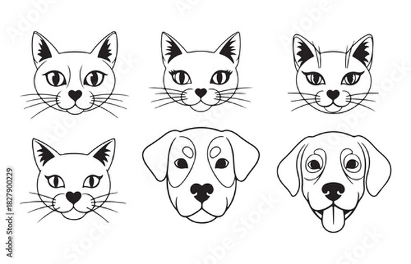 Obraz Artistic hand drawn sketch collection of various cat and dog faces in black and white