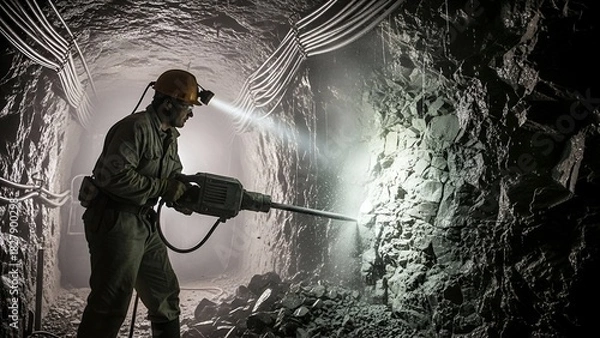 Fototapeta A miner drills into rock within a dark tunnel, illuminated by the miner's headlamp