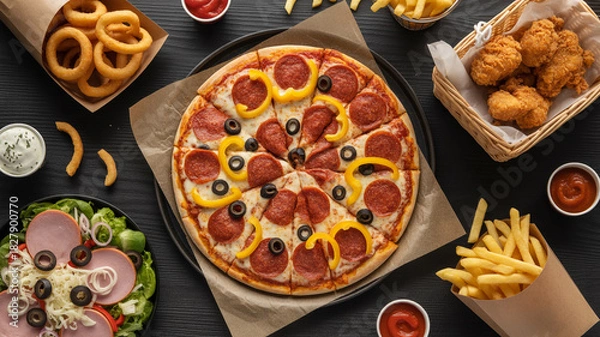 Fototapeta Delicious pepperoni pizza and assorted fast food feast