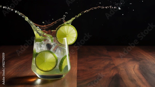 Fototapeta Refreshing lime drink splash with ice and garnish