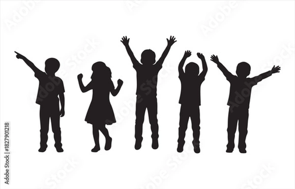 Obraz Joyful silhouettes of diverse children celebrating together with arms raised in exuberant delight