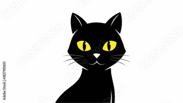 Obraz Illustration of a black cat with yellow eyes and whiskers on a white background design image art