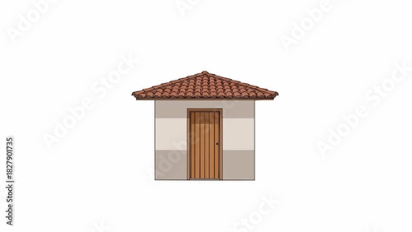 Obraz Illustration of a small building with a brown tile roof and a wooden door in the center view