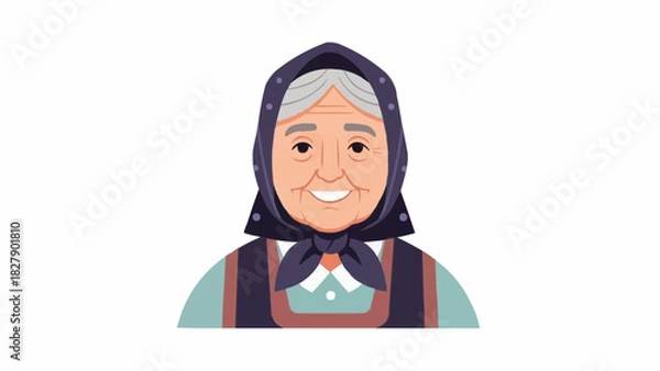 Obraz Illustration of an elderly woman with a headscarf and traditional clothing smiling kindly at the viewer