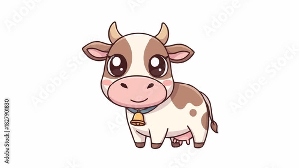 Obraz Illustration of a cartoon cow with big eyes and a bell collar standing on a white background