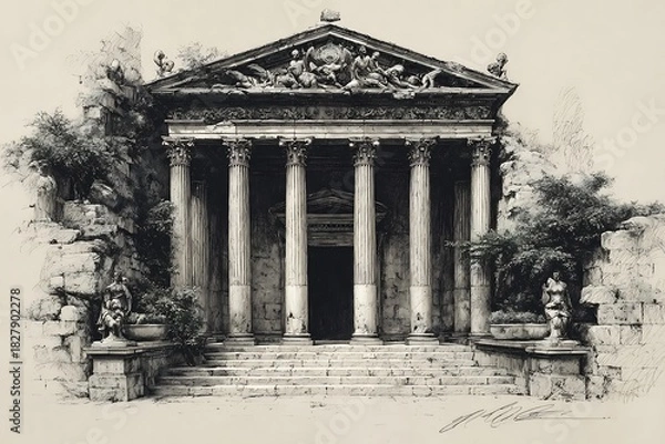 Fototapeta Ancient temple sketch with detailed architectural columns high resolution picture