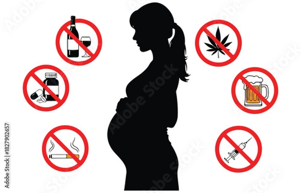 Fototapeta Pregnant woman silhouette surrounded by no symbol signs warning against harmful substances