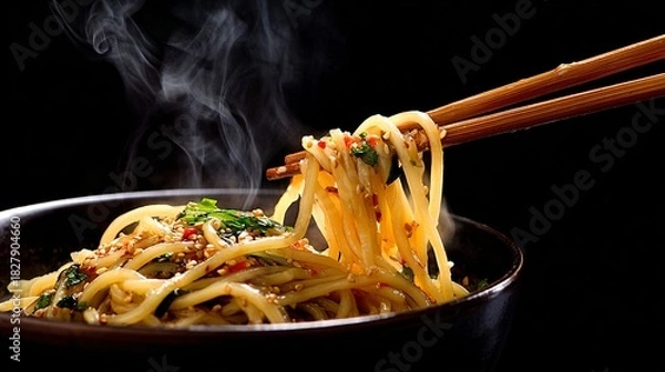 Fototapeta Spicy Sesame Stir-Fried Noodles with Steam and Chopsticks