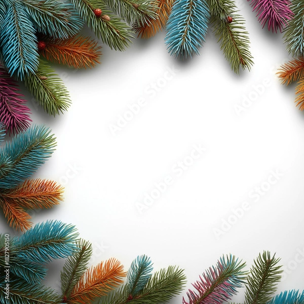 Fototapeta Colorful Christmas Pine Branch Frame on White Background with Copy Space