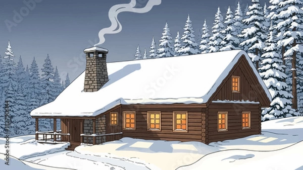 Fototapeta Cozy log cabin nestled in a snowy winter forest with smoke rising from the chimney and warm lights glowing in the windows.