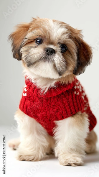 Fototapeta Shih Tzu Puppy Christmas Portrait on Clean White Background with Copy Space