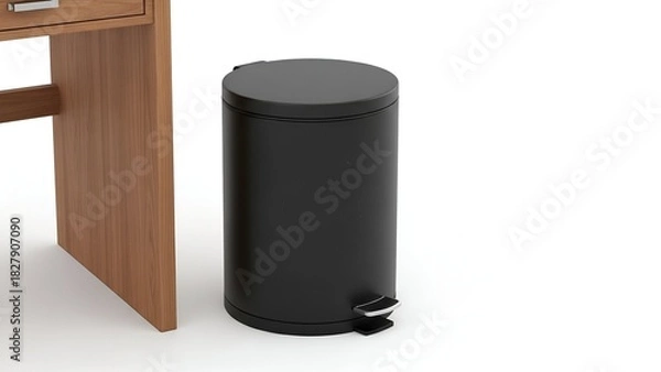 Obraz Angled shot of a cylindrical black step trash can beside a light wood desk leg on white